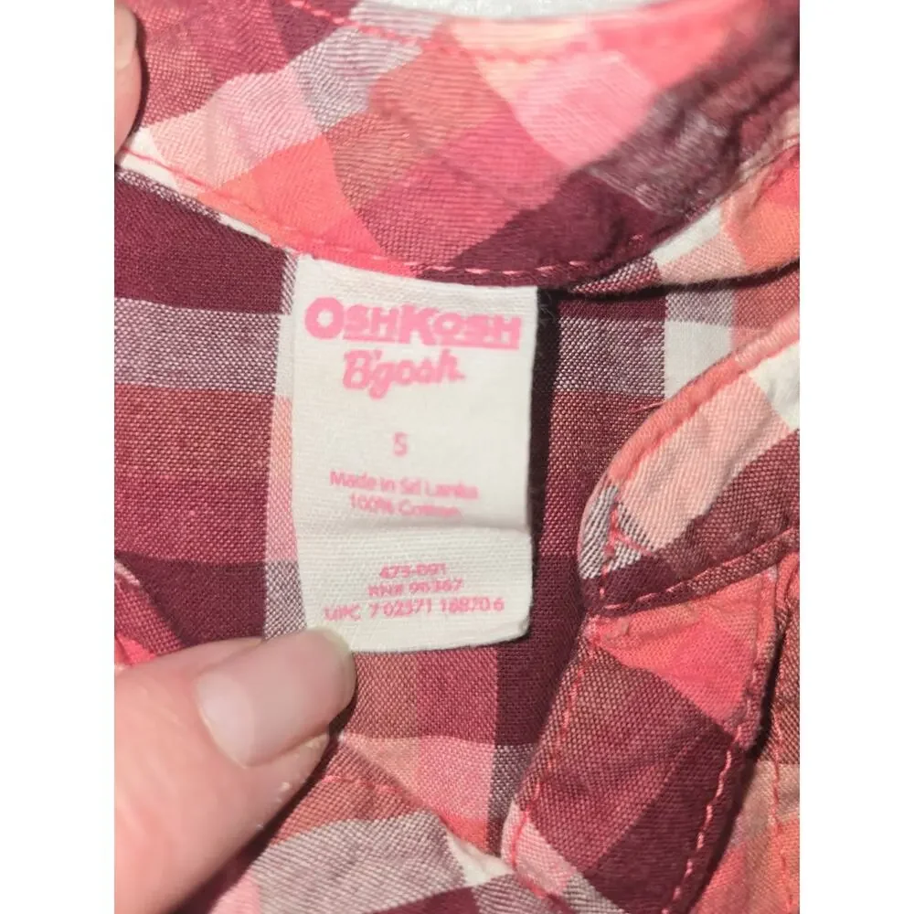 Oshkosh B'Gosh 100% Cotton Red & Pink Plaid Button Up Long Sleeve Shirt Size 5